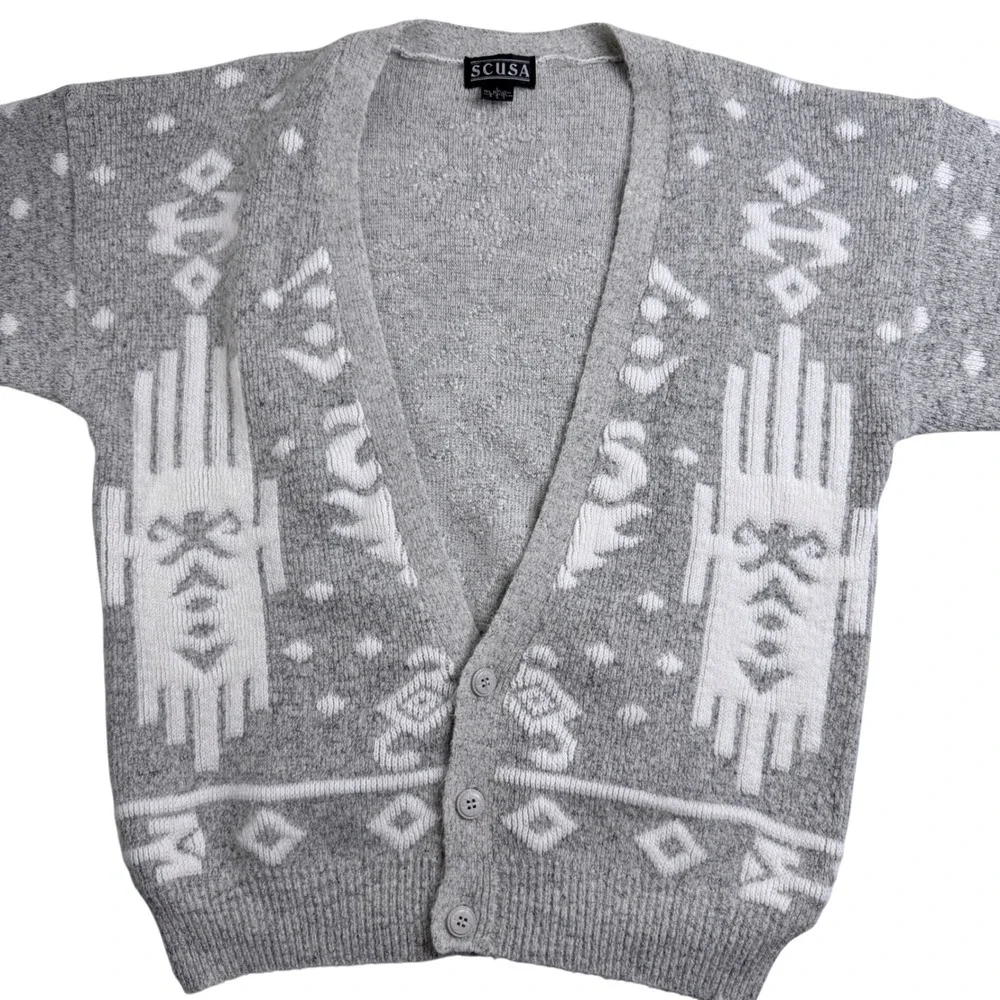 Scusa Vintage Mens Large Grey White Southwestern Geometric Knit Cardigan Sweater